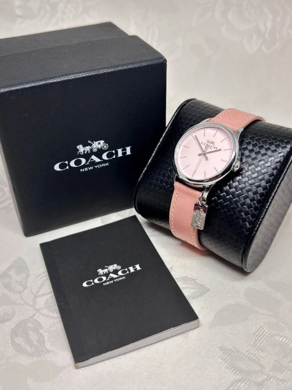 Coach Pink Blush Dial Leather Strap Watch Silver Tone Movado Quartz Charm Tag